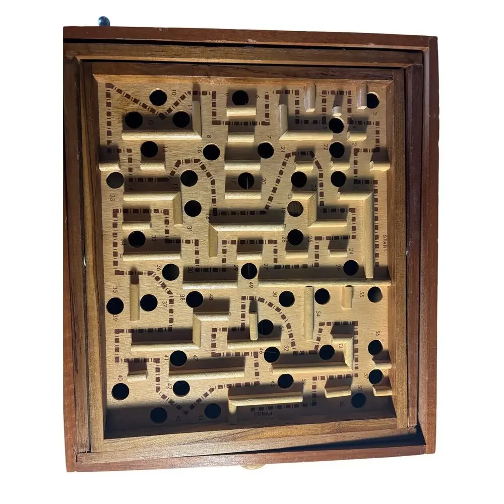 Vintage Wooden Labyrinth Tilt Maze Game 60 Hole Marble Skill Puzzle Wood